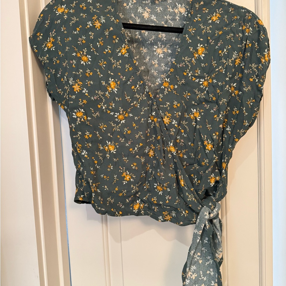 Madewell Floral Wrap Top - Green and Yellow